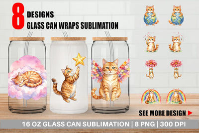 Glass Can Watercolor Dreamy Mother Cat Sky Art Sublimation artnoy 