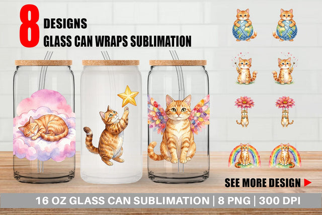 Glass Can Watercolor Dreamy Mother Cat Sky Art Sublimation artnoy 