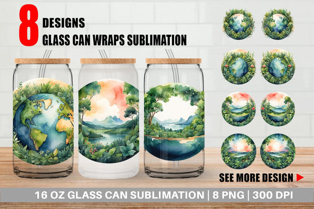 Glass Can Watercolor Earth Plants Sublimation artnoy 