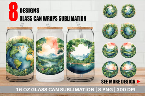Glass Can Watercolor Earth Plants Sublimation artnoy 