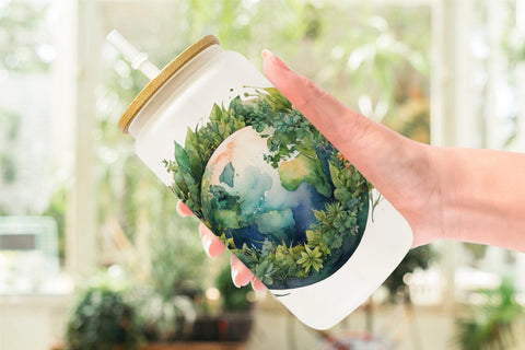 Glass Can Watercolor Earth Plants Sublimation artnoy 