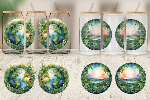 Glass Can Watercolor Earth Plants Sublimation artnoy 