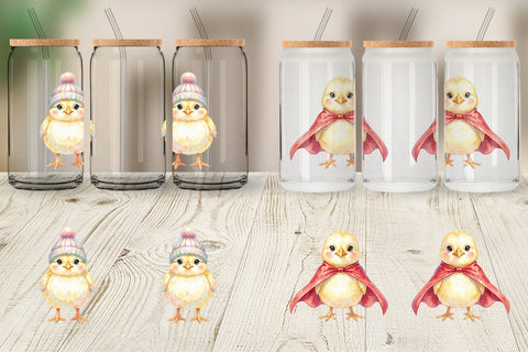 Glass Can Watercolor Easter Chick Dress Up Art Sublimation artnoy 