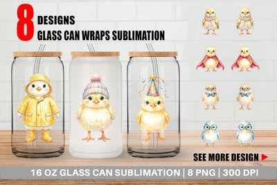 Glass Can Watercolor Easter Chick Dress Up Art Sublimation artnoy 