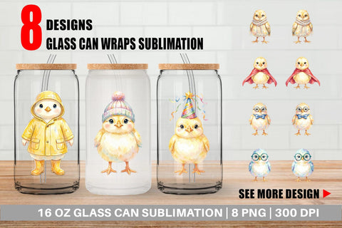 Glass Can Watercolor Easter Chick Dress Up Art Sublimation artnoy 