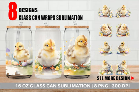 Glass Can Watercolor Easter Chick Sublimation artnoy 