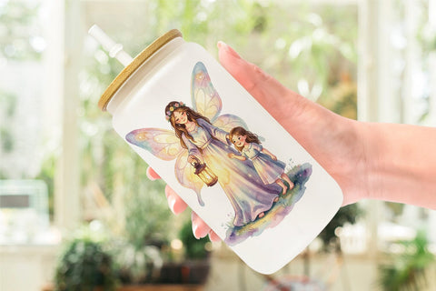 Glass Can Watercolor Fairy Mom And Baby Fantasy Sublimation artnoy 