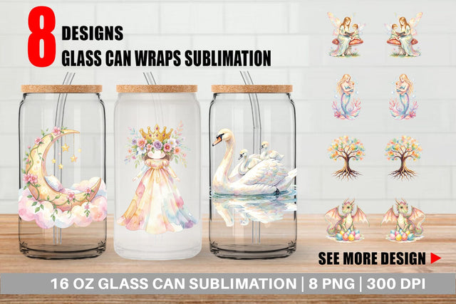 Glass Can Watercolor Fantasy Mom And Baby Creatures Sublimation artnoy 