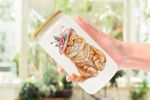 Glass Can Watercolor Fashionable Cat Mom Portraits Sublimation artnoy 