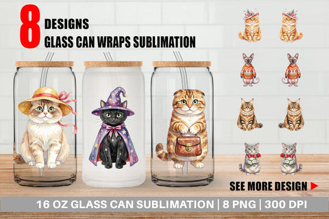 Glass Can Watercolor Fashionable Cat Mom Portraits Sublimation artnoy 