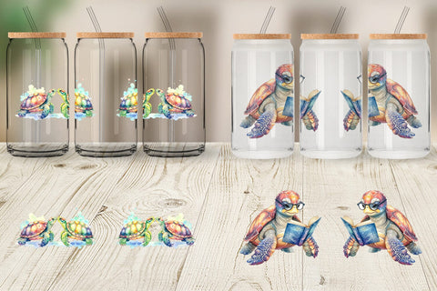 Glass Can Watercolor Floral Boho Sea Turtle Sublimation artnoy 
