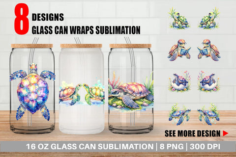 Glass Can Watercolor Floral Boho Sea Turtle Sublimation artnoy 