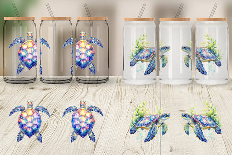 Glass Can Watercolor Floral Boho Sea Turtle Sublimation artnoy 