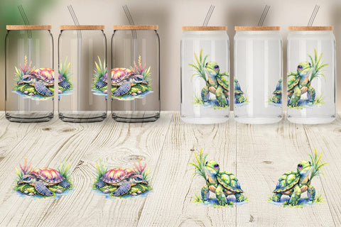 Glass Can Watercolor Floral Boho Sea Turtle Sublimation artnoy 