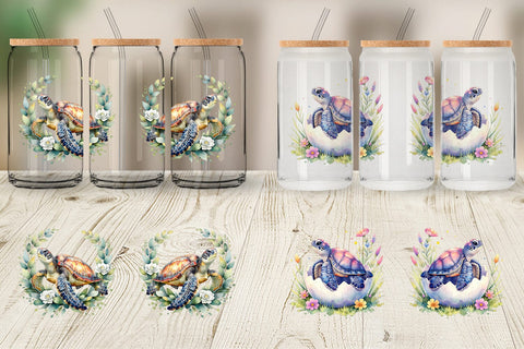 Glass Can Watercolor Floral Boho Sea Turtle Sublimation artnoy 
