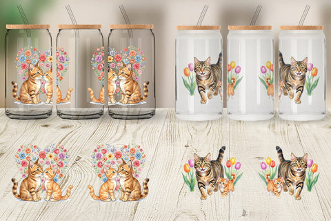Glass Can Watercolor Floral Cat Motherhood Art Sublimation artnoy 