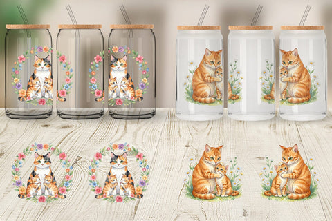 Glass Can Watercolor Floral Cat Motherhood Art Sublimation artnoy 