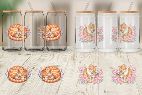 Glass Can Watercolor Floral Cat Motherhood Art Sublimation artnoy 