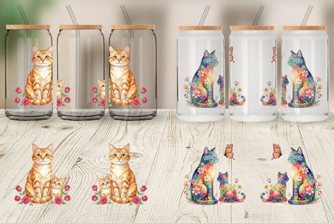 Glass Can Watercolor Floral Cat Motherhood Art Sublimation artnoy 
