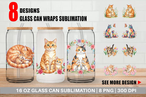 Glass Can Watercolor Floral Cat Motherhood Art Sublimation artnoy 