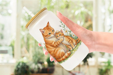Glass Can Watercolor Floral Cat Motherhood Art Sublimation artnoy 