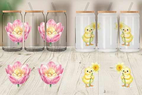 Glass Can Watercolor Floral Easter Chick Art Sublimation artnoy 