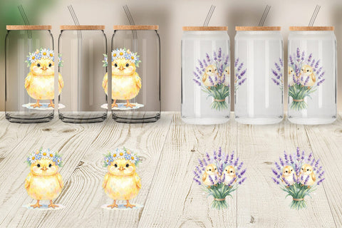 Glass Can Watercolor Floral Easter Chick Art Sublimation artnoy 