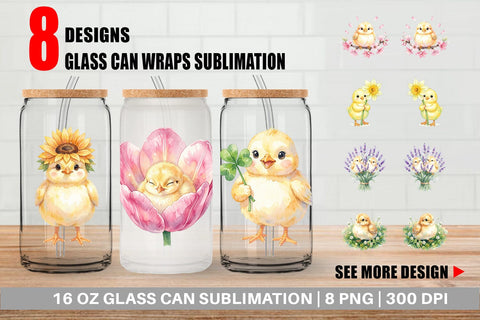 Glass Can Watercolor Floral Easter Chick Art Sublimation artnoy 