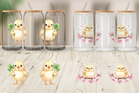 Glass Can Watercolor Floral Easter Chick Art Sublimation artnoy 