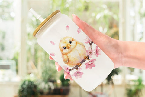 Glass Can Watercolor Floral Easter Chick Art Sublimation artnoy 