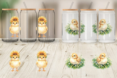 Glass Can Watercolor Floral Easter Chick Art Sublimation artnoy 