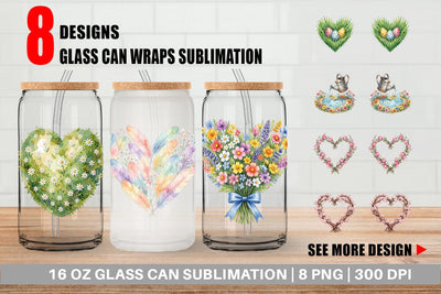 Glass Can Watercolor Floral Easter Heart Wreath Sublimation artnoy 