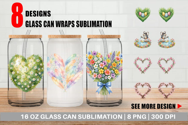 Glass Can Watercolor Floral Easter Heart Wreath Sublimation artnoy 