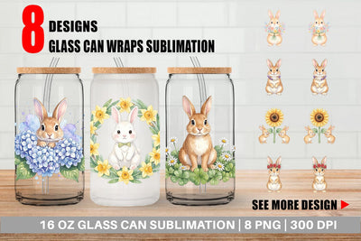 Glass Can Watercolor Floral Spring Easter Bunny Sublimation artnoy 