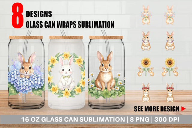 Glass Can Watercolor Floral Spring Easter Bunny Sublimation artnoy 
