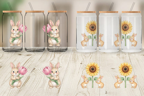 Glass Can Watercolor Floral Spring Easter Bunny Sublimation artnoy 