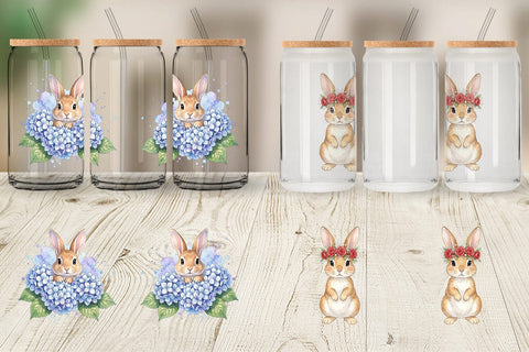 Glass Can Watercolor Floral Spring Easter Bunny Sublimation artnoy 