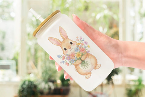 Glass Can Watercolor Floral Spring Easter Bunny Sublimation artnoy 