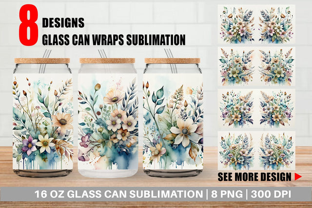 Glass Can Watercolor Floral Sublimation artnoy 