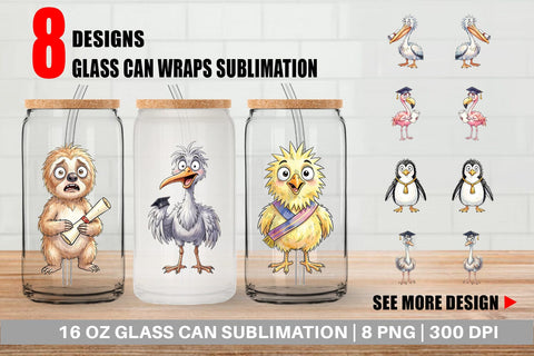 Glass Can Watercolor Funny Animal Graduation Sublimation artnoy 