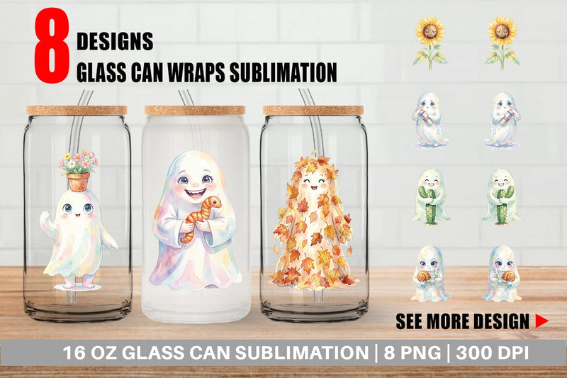 Glass Can Watercolor Funny Botanical Nature Ghost Sublimation artnoy 