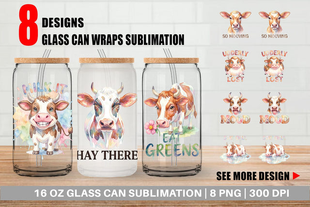 Glass Can Watercolor Funny Derpy Cow Quotes Sublimation artnoy 