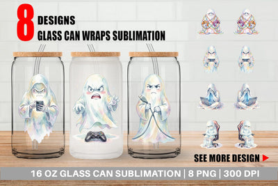 Glass Can Watercolor Funny Grumpy Gamer Ghost Sublimation artnoy 