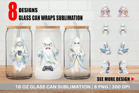 Glass Can Watercolor Funny Grumpy Gamer Ghost Sublimation artnoy 