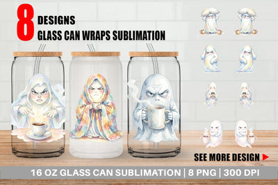 Glass Can Watercolor Funny Grumpy Morning Ghost Sublimation artnoy 