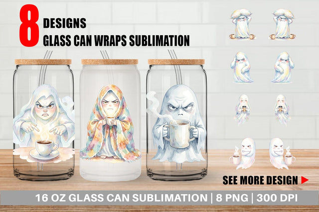 Glass Can Watercolor Funny Grumpy Morning Ghost Sublimation artnoy 