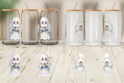 Glass Can Watercolor Funny Grumpy Morning Ghost Sublimation artnoy 