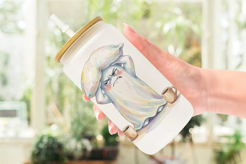 Glass Can Watercolor Funny Grumpy Morning Ghost Sublimation artnoy 
