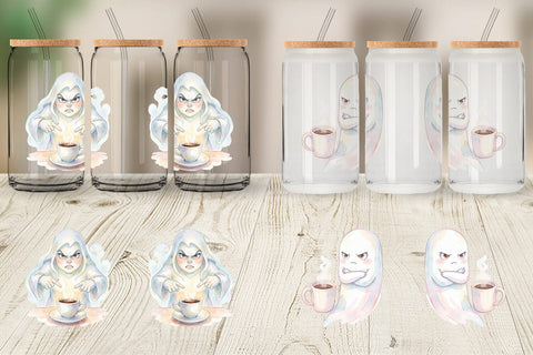 Glass Can Watercolor Funny Grumpy Morning Ghost Sublimation artnoy 