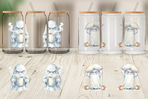 Glass Can Watercolor Funny Grumpy Morning Ghost Sublimation artnoy 